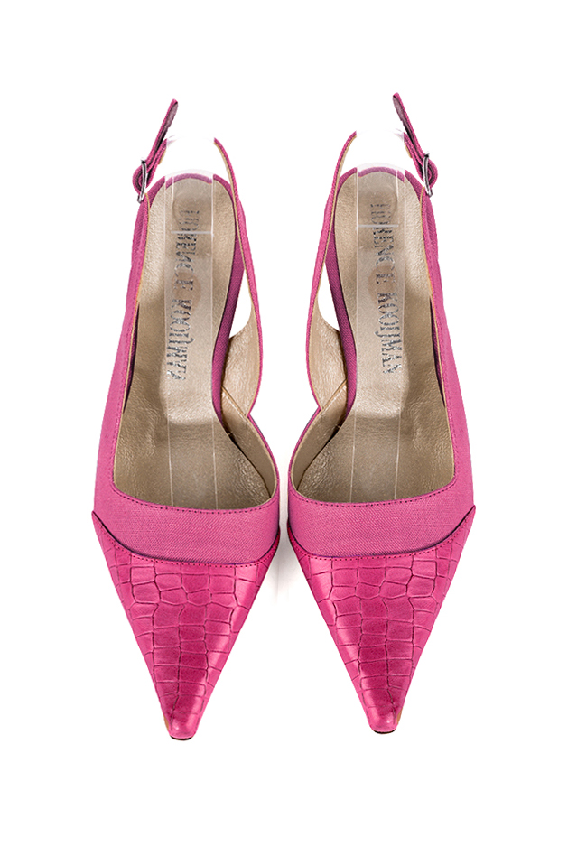 Fuschia pink women's slingback shoes. Pointed toe. High spool heels. Top view - Florence KOOIJMAN